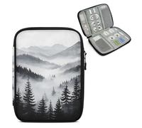 Mintoprints Misty Forest Travel Electronic Organizer Case, Black Gray Woodland Slim Cable Management Bag for Game Console & Accessories, Portable Double Zipper Pouch with Mesh Pockets & Elastic Straps