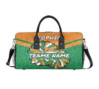 Mintoprints Personalized Cheer Duffel Bag, Custom Cheerleading Sports Gym Bag with Name Customized Travel Duffel Weekender Overnight Bags, Orange Green, 17.4"x8.3"x9.5", Cheerleading