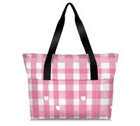 Mintoprints Pink Buffalo Check Tote Bag for Women, Lightweight Shoulder Bag with Compartments & Zipper for Travel, Work, Gym