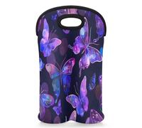 Mintoprints Purple Butterfly Wine Carrier Tote Bag for 2 Bottles Flower Butterfly Neoprene Wine Bottle Holder Carriers Bag Case Wine Cooler Bag for Travel, Picnic, Party