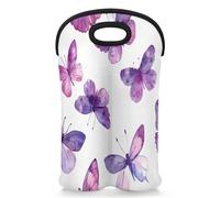 Mintoprints Purple Butterfly Wine Carrier Tote Bag for 2 Bottles Neoprene Wine Bottle Holder Carriers Bag Case Wine Cooler Bag for Travel, Picnic, Party