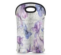 Mintoprints Purple Flower Butterfly Wine Carrier Tote Bag for 2 Bottles Phrase Words Neoprene Wine Bottle Holder Carriers Bag Case Wine Cooler Bag for Travel, Picnic, Party