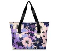 Mintoprints Purple Flower Floral Tote Bag for Women, Lightweight Shoulder Bag with Compartments & Zipper for Travel, Work, Gym