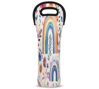 Mintoprints Rainbow Flowers Branch Wine Carrier Tote Bag 1-Bottle Neoprene Wine Cooler Bag Carriers Bag Case Wine Bottle Holder for Travel, Picnic, Party