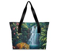 Mintoprints Rainforest Leopard Tote Bag for Women, Tropical Lightweight Shoulder Bag with Compartments & Zipper for Travel, Work, Gym