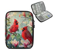 Mintoprints Red Birds Travel Electronic Organizer Case, Flowers Slim Cable Management Bag for Game Console & Accessories, Portable Double Zipper Pouch with Mesh Pockets & Elastic Straps