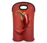 Mintoprints Red Chilli Pepper Wine Carrier Tote Bag for 2 Bottles Tabasco Chilli Neoprene Wine Bottle Holder Carriers Bag Case Wine Cooler Bag for Travel, Picnic, Party