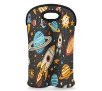 Mintoprints Rocket Spaceship Wine Carrier Tote Bag for 2 Bottles Planets Neoprene Wine Bottle Holder Carriers Bag Case Wine Cooler Bag for Travel, Picnic, Party