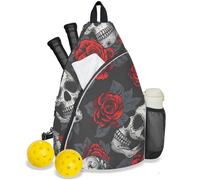 Mintoprints Skull Helloween Pickleball Bag for Women Men, Red Rose Skull Adjustable Crossbody Sling Backpack Hold Paddle Accessories