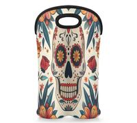 Mintoprints Skull Wine Carrier Tote Bag for 2 Bottles Sugar Skull Neoprene Wine Bottle Holder Carriers Bag Case Wine Cooler Bag for Travel, Picnic, Party
