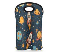 Mintoprints Space Rocket Planet Wine Carrier Tote Bag for 2 Bottles Galaxy Neoprene Wine Bottle Holder Carriers Bag Case Wine Cooler Bag for Travel, Picnic, Party