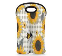 Mintoprints Spring Bee Wine Carrier Tote Bag for 2 Bottles Yellow Honeycomb Sunflower Neoprene Wine Bottle Holder Carriers Bag Case Wine Cooler Bag for Travel, Picnic, Party