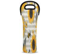 Mintoprints Spring Bee Wine Carrier Tote Bag Yellow Honeycomb Sunflower 1-Bottle Neoprene Wine Cooler Bag Carriers Bag Case Wine Bottle Holder for Travel, Picnic, Party