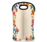 Mintoprints Spring Wine Carrier Tote Bag for 2 Bottles Watercolor Wild Flowers Neoprene Wine Bottle Holder Carriers Bag Case Wine Cooler Bag for Travel, Picnic, Party