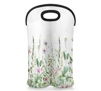 Mintoprints Spring Wine Carrier Tote Bag for 2 Bottles Wild Flower Neoprene Wine Bottle Holder Carriers Bag Case Wine Cooler Bag for Travel, Picnic, Party