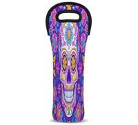 Mintoprints Sugar Skull Mexican Wine Carrier Tote Bag Colorful Flowers Skeleton 1-Bottle Neoprene Wine Cooler Bag Carriers Bag Case Wine Bottle Holder for Travel, Picnic, Party