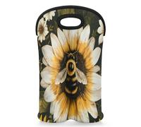 Mintoprints Sunflower Wine Carrier Tote Bag for 2 Bottles Farmhouse Yellow Floral Bee Neoprene Wine Bottle Holder Carriers Bag Case Wine Cooler Bag for Travel, Picnic, Party