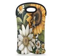 Mintoprints Sunflower Wine Carrier Tote Bag for 2 Bottles Yellow Sunflower Floral Bee Neoprene Wine Bottle Holder Carriers Bag Case Wine Cooler Bag for Travel, Picnic, Party