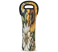 Mintoprints Sunflower Wine Carrier Tote Bag Yellow Sunflower Floral Bee 1-Bottle Neoprene Wine Cooler Bag Carriers Bag Case Wine Bottle Holder for Travel, Picnic, Party