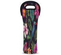 Mintoprints Tropical Palm Leaf Wine Carrier Tote Bag Bird Flower 1 Bottle Neoprene Wine Cooler Bag Carrier Bag Case Wine Bottle Holder for Travel, Picnic, Party