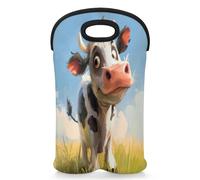 Mintoprints Watercolor Cow Wine Carrier Tote Bag for 2 Bottles Cute Cow Neoprene Wine Bottle Holder Carriers Bag Case Wine Cooler Bag for Travel, Picnic, Party