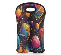 Mintoprints Watercolor Planet Wine Carrier Tote Bag for 2 Bottles Neoprene Wine Bottle Holder Carriers Bag Case Wine Cooler Bag for Travel, Picnic, Party