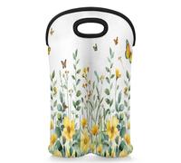 Mintoprints Watercolor Wildflower Wine Carrier Tote Bag for 2 Bottles Spring Floral Neoprene Wine Bottle Holder Carriers Bag Case Wine Cooler Bag for Travel, Picnic, Party