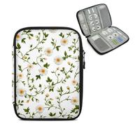 Mintoprints White Flower Travel Electronic Organizer Case, Green Leaves Slim Cable Management Bag for Game Console & Accessories, Portable Double Zipper Pouch with Mesh Pockets & Elastic Straps