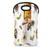 Mintoprints Yellow Bee Wine Carrier Tote Bag for 2 Bottles Sweet Honey Neoprene Wine Bottle Holder Carriers Bag Case Wine Cooler Bag for Travel, Picnic, Party