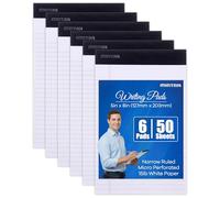 Mintra 50 Pack Legal Office Pads - Micro Perforated Paper for School, College, Office, Work, Professional 5in x 8in (Narrow Ruled) Basic 6pk (White)