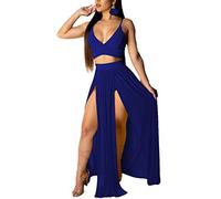 Mintsnow Sexy Maxi Dresses for Women Sexy 2 Piece Outfits Dress Chiffon Strap Deep V Neck Bra Crop Top High Split Maxi Dresses Skirt Set Blue XXL, Blue, XXL