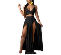 Mintsnow Women Sexy 2 Piece Outfits Dress Chiffon Strap Deep V Neck Bra Crop Top High Split Maxi Dresses Skirt Set…, Black, L