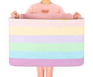 MINTWOOD Design 112L Extra Large Blanket Basket Holder Living Room, 25"x17"x16" Rectangle Rope Woven Storage Basket with Handles for Laundry, Towels, Shoes, Dog Toy Organizer Bin Box, Pastel Rainbow