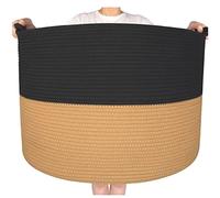 MINTWOOD Design Extra Large 22 x16 Inches Decorative Woven Cotton Rope Blanket Storage Basket Bin Living Room and Laundry Hamper for Pillows, Pool Towels, Dog Toys, Shoes, Black Brown