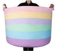 MINTWOOD Design XXXXLarge 22 x 16 Inches Decorative Cotton Rope Basket, Blanket Basket Living Room, Laundry Basket, Woven Basket, Toy Storage Baskets Bin, Round Pillows Towels Basket, Pastel Rainbow
