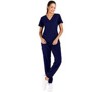 Minty Mint Women's Solid Stretch Medical Uniform Scrub Set V Neck Top Cargo Tapered Jogger Pants, Indigo Blue, Petite XX-Small