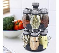 MINUS ONE 12 Jar Revolving Spice Rack Organizer Storage Stand Glass Seasoning Box Cruet Bottle Condiment Pots Set with 360°Rotating Holder, Salt & Pepper Herb Shakers for Kitchen Cooking Oil Sugar