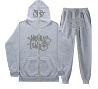 Minus Two Streetwear Tracksuits Oversized Zip Hoodie Tracksuit Y2K Men's Hip Hop Couples Pullover Sportswear Hoodie with Pockets, Letters Long Sleeve, Full Zip, gray, M