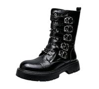 Minvyn Men's Black Leather Mid-Calf Combat Boots, Multi-Buckle Straps | Chunky Lug Sole, Metal Buckle Detail, Lace-Up Closure, Gothic Punk Style, Studded Accents