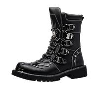 Minvyn Men's Black Leather Mid-Calf Combat Boots, Multi-Buckle Straps | Chunky Lug Sole, Metal Buckle Detail, Lace-Up Closure, Gothic Punk Style, Studded Accents