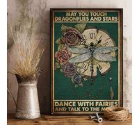 MINWEGI Vintage Metal Wall Decor - Dragonfly Rustic Tin Sign with Pre-Drilled Holes for Home, Office, Cafe - May You Touch Dragonflies and Stars Art Plaque