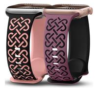 Minyee 2 Pack Engraved Bands Compatible with Apple Watch Band 38/40/41/42mm Women, Soft Silicone Cute Two-Tone Celtic Knot Sport Strap for iWatch Ultra 2 Series 10-1/SE, Black/Peach Pink/VioletRed
