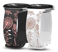 Minyee 2 Pack Floral Engraved Bands Compatible with Google Pixel Watch 4/3 41mm/Pixel Watch 2/1 Band Women, Two-Tone Flower Cute Soft Silicone Sport Fancy Strap, Black/Peach Pink/White/Nude
