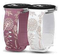 Minyee 2 Pack Floral Engraved Bands Compatible with Google Pixel Watch 4/3 41mm/Pixel Watch 2/1 Band Women, Two-Tone Flower Cute Soft Silicone Sport Fancy Strap, White/Violet Smoke/Starlight