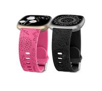Minyee 2 Packs Floral Engraved Band Compatible with Fitbit Versa 4/Versa 3/Sense 2/Sense Band Women, Cute Silicone Dandelion Sunflower Soft Sport Fancy Summer Strap for Versa 4 (Hot Pink & Black)