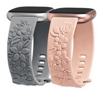 Minyee 2 Packs Floral Engraved Band Compatible with Fitbit Versa 4/Versa 3/Sense 2/Sense Band Women, Cute Embossed Silicone Strap Wildflowers Rose Design Soft Sport Replacement Wristbands for Versa 3