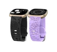 Minyee 2 Packs Floral Engraved Band Compatible with Fitbit Versa 4/Versa 3/Sense 2/Sense Band Women, Cute Silicone Dandelion Sunflower Design Soft Sport Fancy Summer Strap for Versa 4, Black and