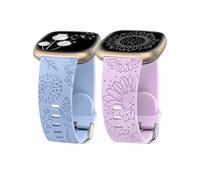 Minyee 2 Packs Floral Engraved Band Compatible with Fitbit Versa 4/Versa 3/Sense 2/Sense Band Women, Cute Silicone Dandelion Sunflower Design Soft Sport Fancy Summer Strap for Versa 4 (Baby Blue &