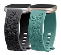 Minyee 2 Packs Floral Engraved Band Compatible with Fitbit Versa 4/Versa 3/Sense 2/Sense Band Women, Cute Embossed Silicone Wildflowers Rose Design Soft Sport Fancy Fancy Summer Strap for Sense 2