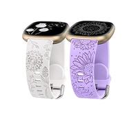 Minyee 2 Packs Floral Engraved Band Compatible with Fitbit Versa 4/Versa 3/Sense 2/Sense Band Women, Cute Silicone Dandelion Sunflower Design Soft Sport Fancy Summer Strap for Versa 4, White/purple